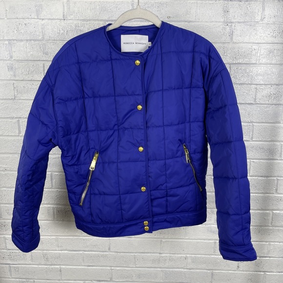 Rebecca Minkoff Royal Blue Quilted Cropped Jacket Womens M Gold Snap Button - Picture 1 of 9